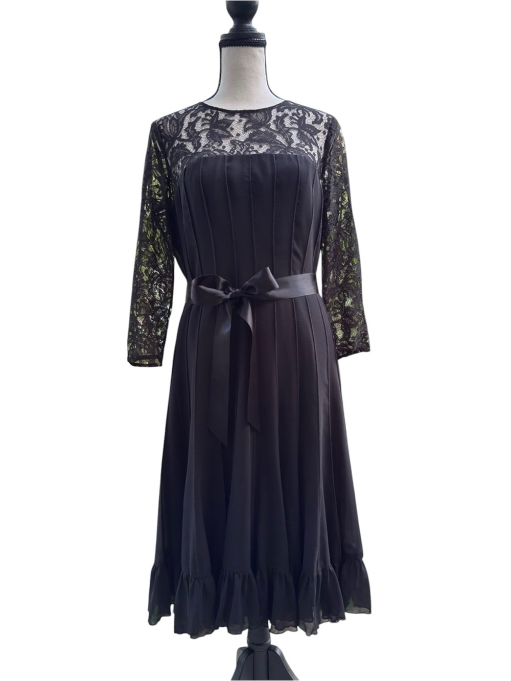 Adrianna Papell Black Lace-Top Midi Dress with Satin Waist Tie